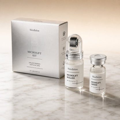SkinBelow MicroLift Kit — box, roller and peptide serum